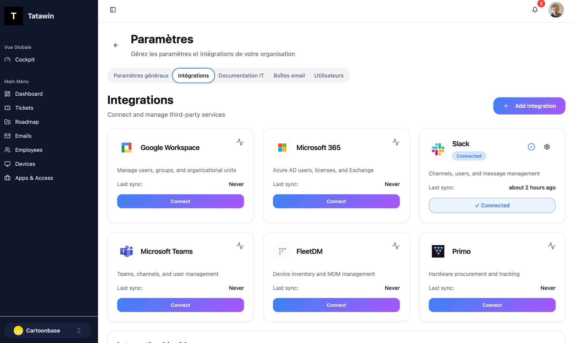 Page des intégrations